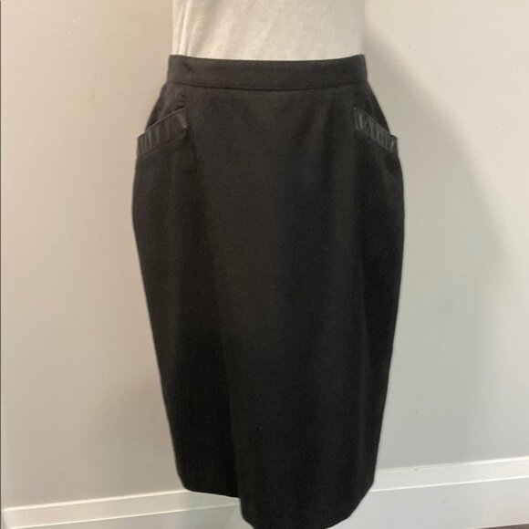 Vintage Black Wool Pencil Skirt with leather trim Size XL by Garey Petites - Picture 10 of 12